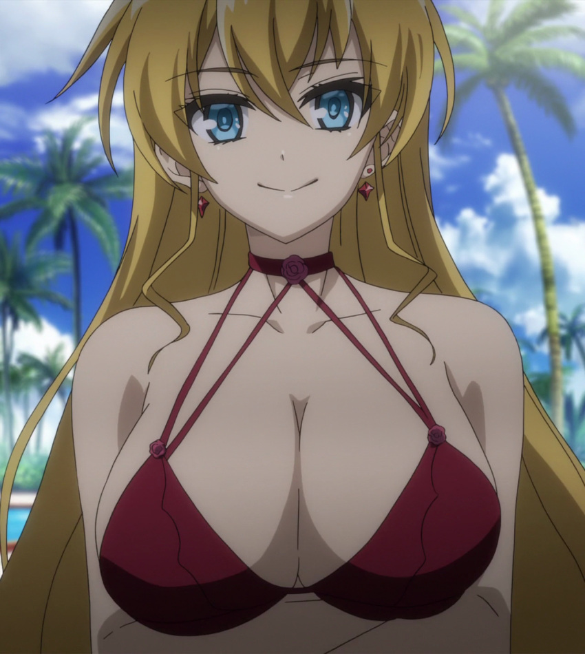 1girl, bikini, blonde_hair, blue_eyes, breasts, claire_harvey, cleavage, clouds