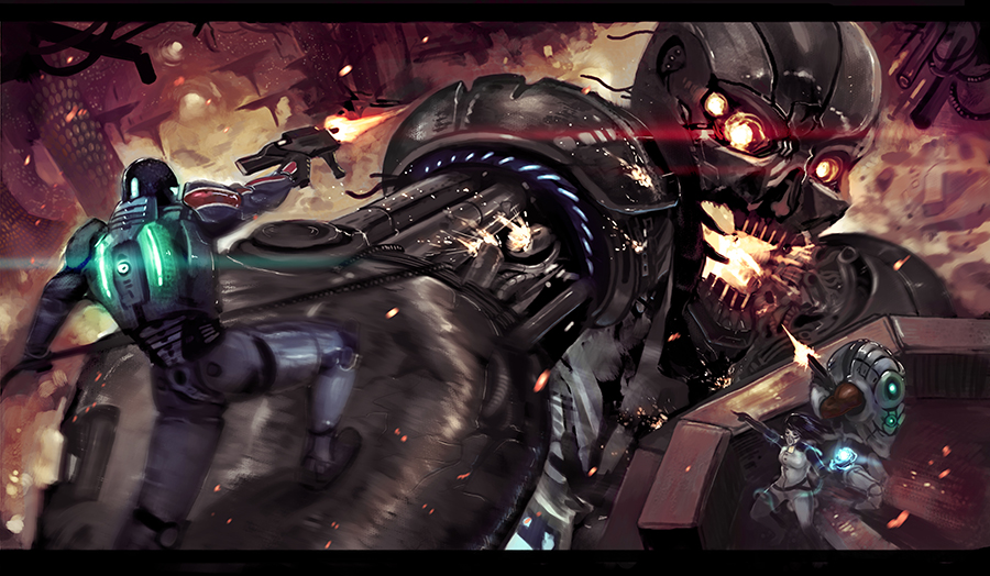 1girl, 2boys, areolae, armor, black_hair, blue_eyes, bodysuit, brown_hair