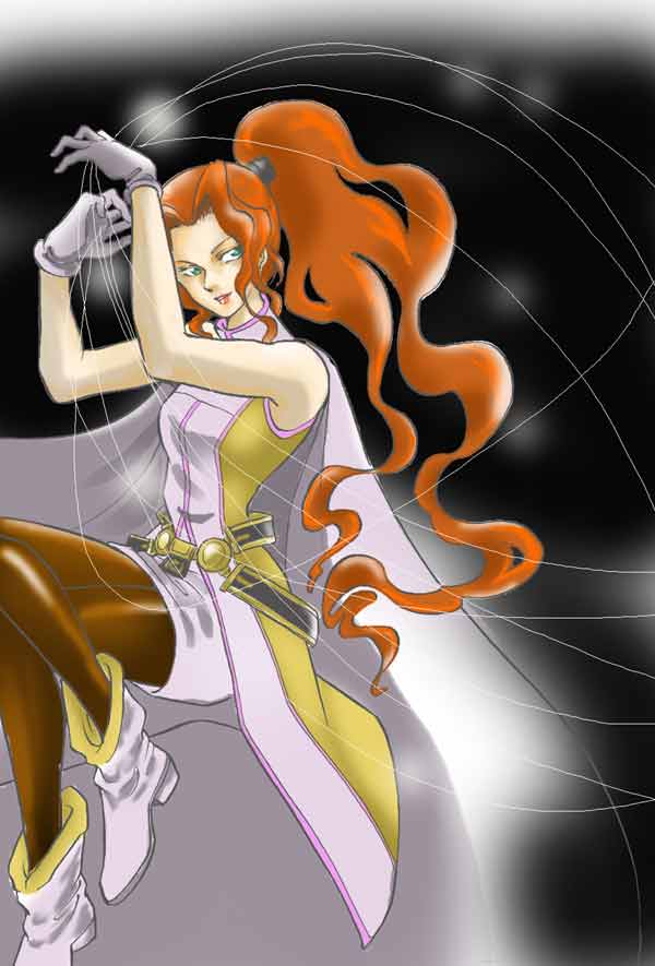 1girl, antenora_victoria, belt, breasts, gloves, long_hair, pantyhose, ponytail, redhead, smile, solo, wild_arms, wild_arms_2