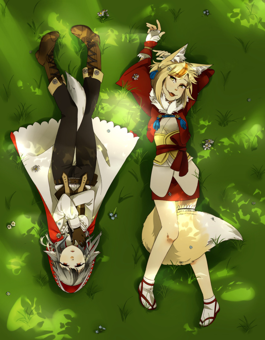 2girls, animal_ears, fire_emblem, fire_emblem_if, fox_ears, fox_tail, grass, hood, kinu_(fire_emblem_if), kitsune, lying, multiple_girls, narpoodles, on_back, velour_(fire_emblem_if)