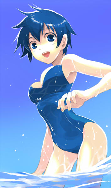 mari_(pivix), mari_(pixiv), one-piece, one-piece_swimsuit, persona, persona_4, shirogane_naoto, short_hair