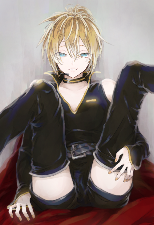 1boy, bare_shoulders, blonde_hair, blue_eyes, choker, detached_sleeves, half-closed_eyes, hand_on_own_thigh