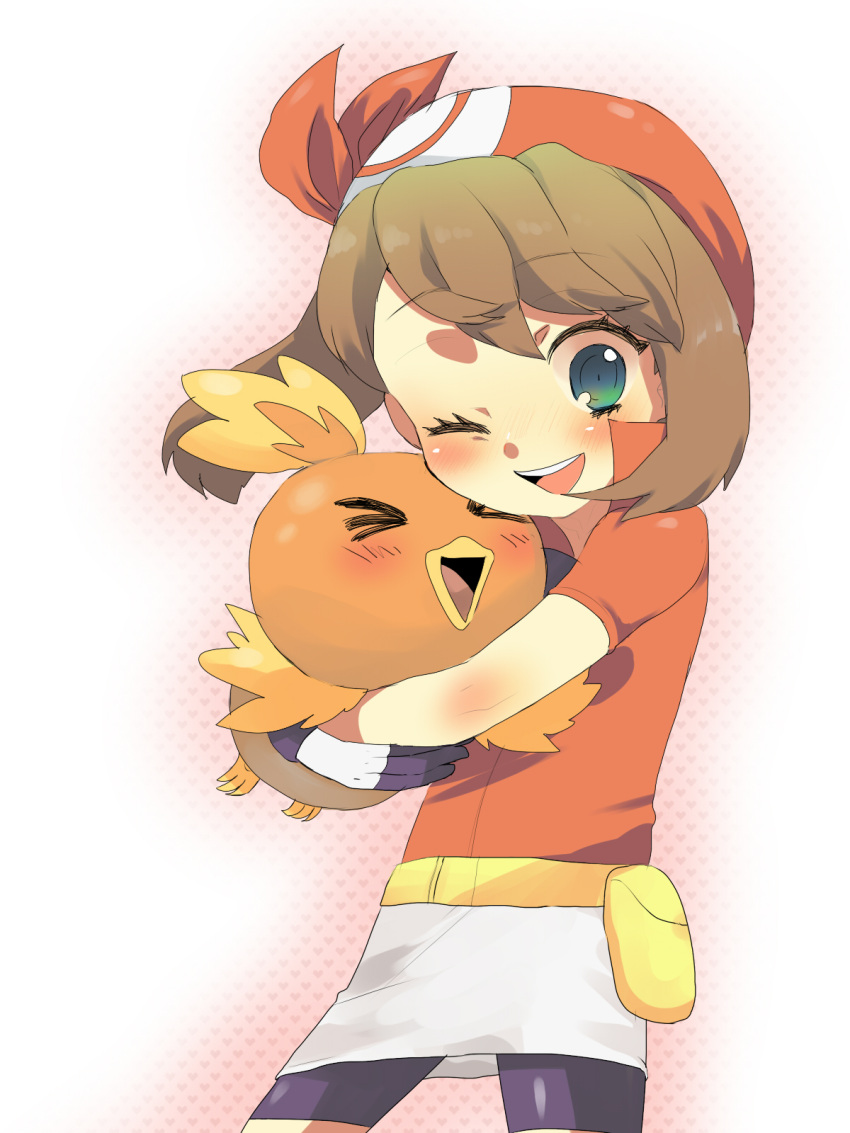 1girl, brown_hair, happy, haruka_(pokemon), hug, oomuro, pokemon, torchic