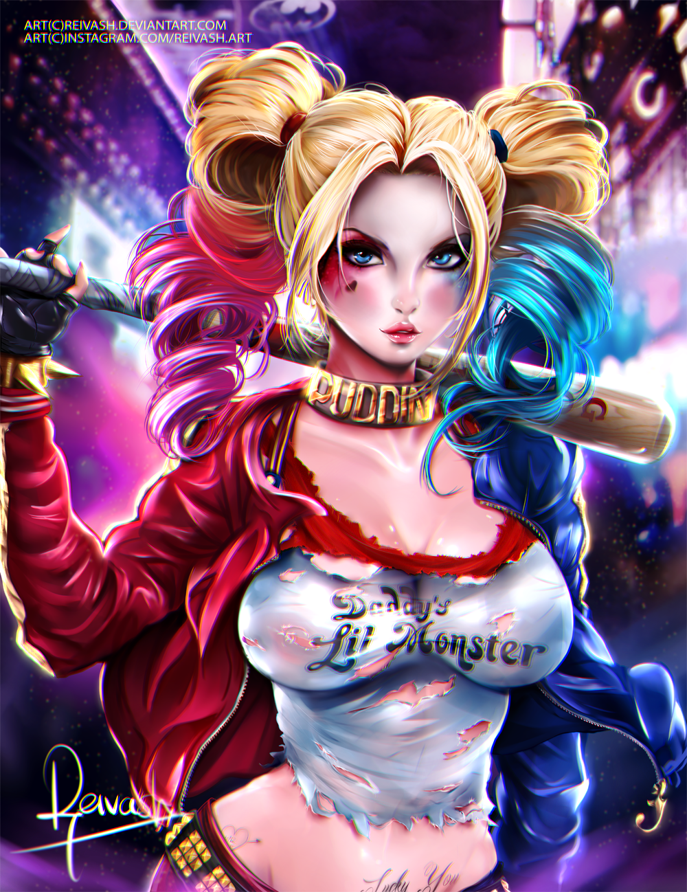 1girl, baseball_bat, batman_(series), blonde_hair, blue_eyes, blue_hair, breasts, dc_comics