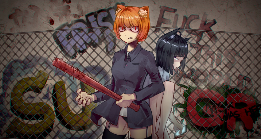 animal_ears, baseball_bat, black_hair, blood, cat_ears, cat_eyes, cellphone, cigarette