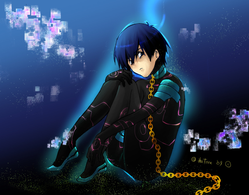 1boy, antispiral_nia, antispiral_nia_(cosplay), aura, blue_eyes, blue_hair, bodysuit, chains
