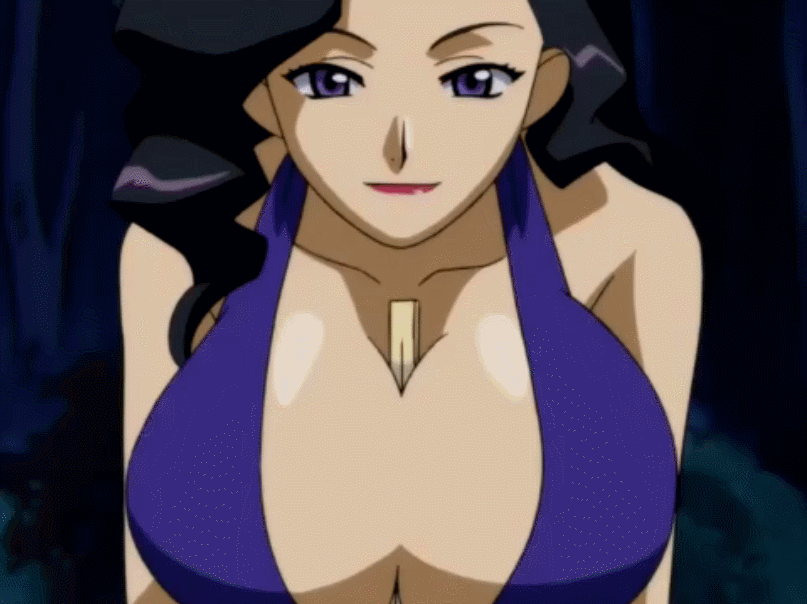 1girl, animated, animated_gif, black_hair, bouncing_breasts, breasts, chopsticks, cleavage, dokkoida, dress, huge_breasts, lipstick, long_hair, makeup, no_bra, sexually_suggestive, smile, wavy_hair, yurine_sayuri
