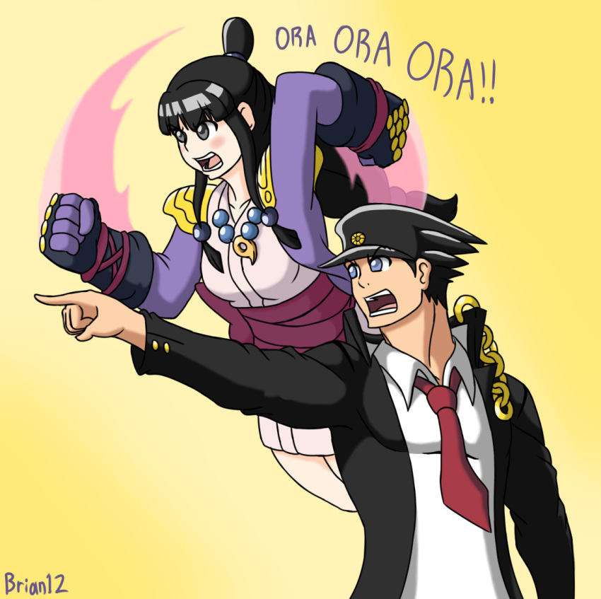 1boy, 1girl, ayasato_mayoi, black_hair, brian_libunao, chains, crossover, english, gloves, gyakuten_saiban, hair_ornament, half_updo, hat, japanese_clothes, jewelry, jojo_no_kimyou_na_bouken, kuujou_joutarou, kuujou_joutarou_(cosplay), long_coat, long_hair, magatama, marvel_vs._capcom, marvel_vs._capcom_3, naruhodou_ryuuichi, necklace, necktie, open_mouth, pointing_finger, season_connection, stand_(jojo), star_platinum, star_platinum_(cosplay)