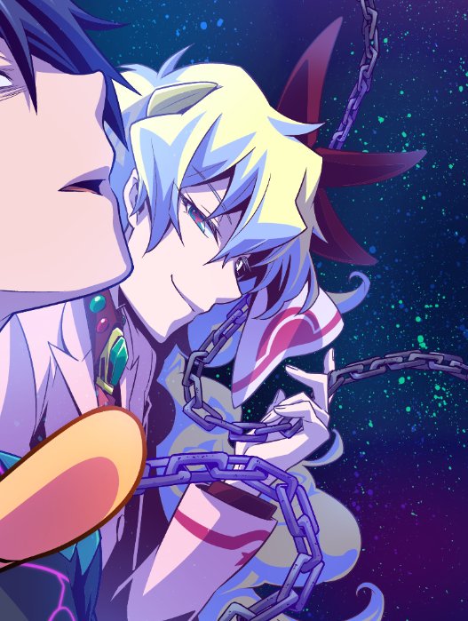 1boy, 1girl, antispiral_nia, antispiral_nia_(cosplay), blonde_hair, blue_hair, chains, cosplay