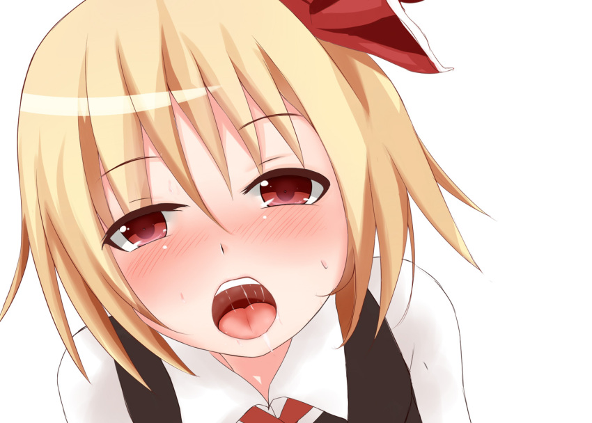 1girl, blonde_hair, bow, hyaa, looking_at_viewer, open_mouth, red_eyes, rumia, saliva, short_hair, simple_background, touhou, white_background