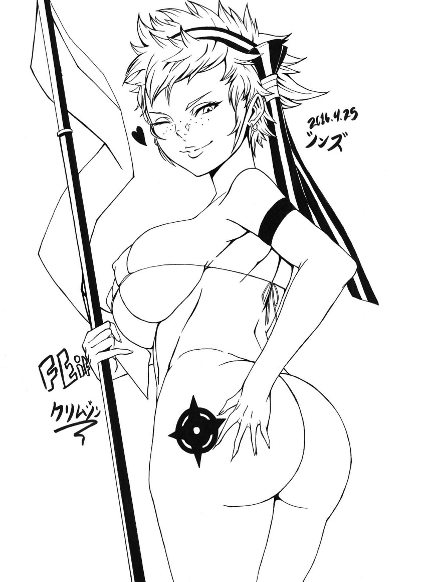 1girl, ass, breasts, crimson_(fire_emblem_if), female, fire_emblem, fire_emblem_if, freckles, highres, large_breasts, monochrome, shinzu_(the-shinzu), solo, white_background