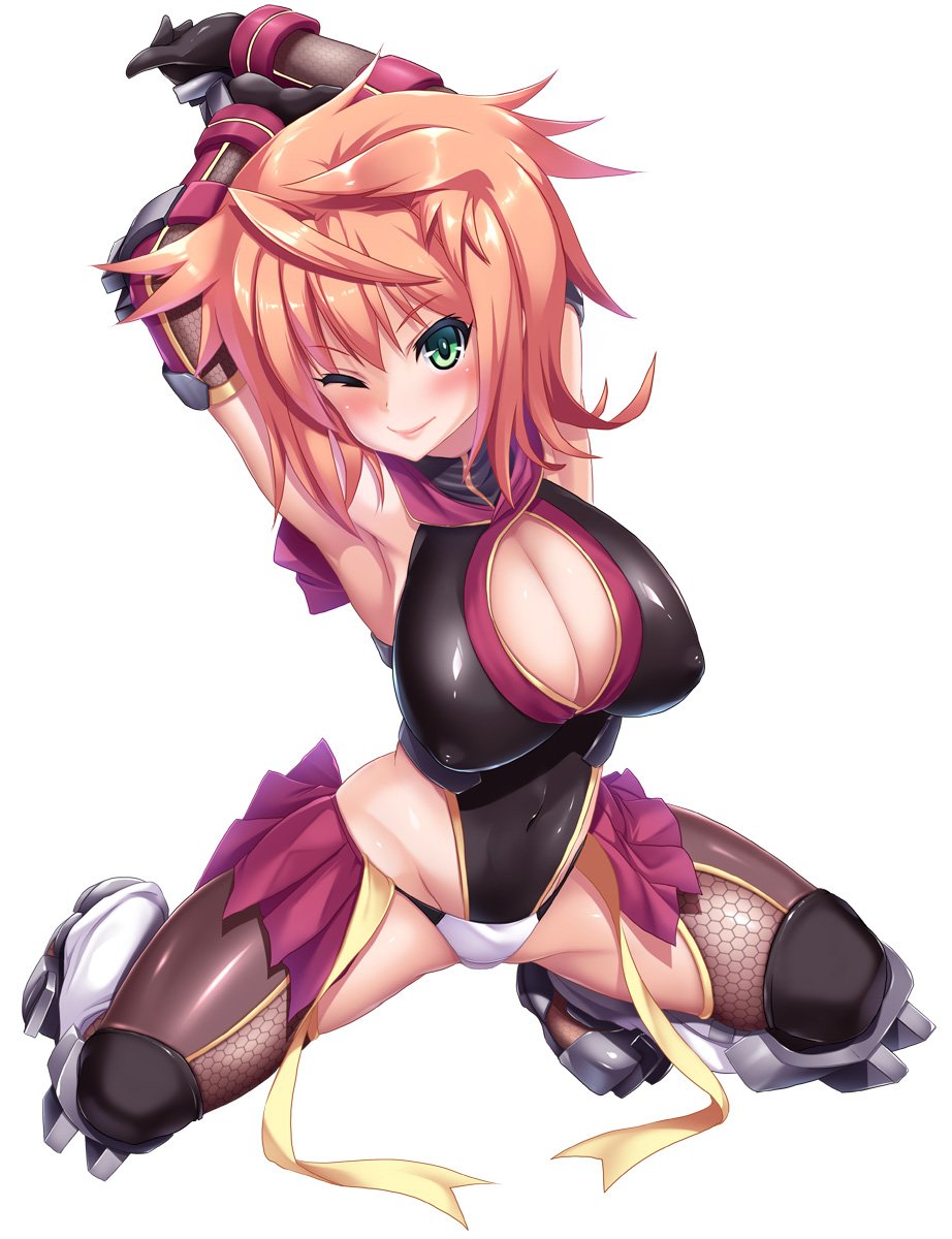 1girl, armpits, arms_up, asahi, bodysuit, breasts, cleavage, female, green_eyes, large_breasts, lilith-soft, ninja, smile, solo, sugiyama_manami, taimanin_asagi, taimanin_asagi_battle_arena, wink