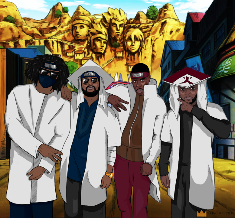 4boys, beard, black_hair, buzz_cut, dark_skin, elbow_gloves, facial_hair, glasses, gloves, headband, hokage, jay_rock, kendrick_lamar, mask, multiple_boys, mustache, naruto, ninja, parody, schoolboy_q, sunglasses