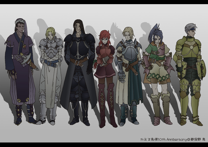 2girls, 3boys, armor, armored_dress, blonde_hair, blue_eyes, brown_hair, elmina_niet