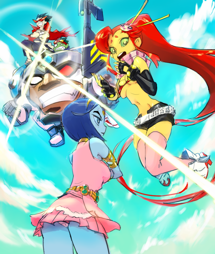 2girls, 3boys, beast_boy_(dc), blue_sky, cape, cosplay, cyborg_(dc), dark_skin