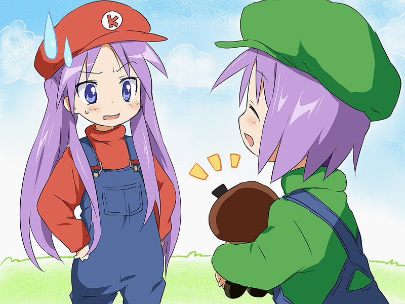 2girls, cosplay, costume, goomba, hat, hiiragi_kagami, hiiragi_tsukasa, long_hair