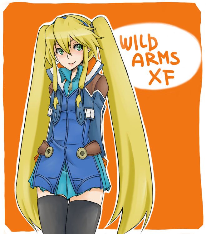 1girl, blonde_hair, clarissa_arwin, coat, green_eyes, hairband, long_hair, sidelocks, smile, solo, thigh-highs, twintails, uzuki_nagi, wild_arms, wild_arms_xf