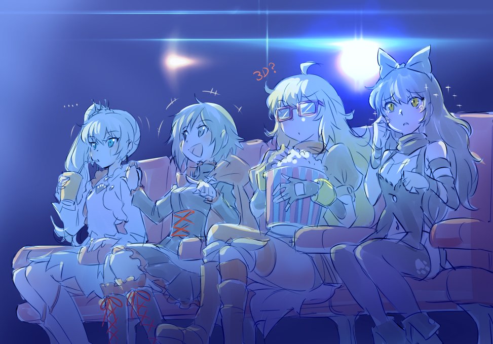 4girls, black_hair, blake_belladonna, blonde_hair, bow, cape, cinema, glasses