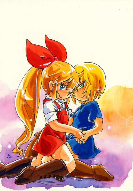 2girls, blonde_hair, child, hand_holding, hoshino_fuuta, lemmy_(makiba_no_shoujo_lemmy), long_hair, looking_at_viewer