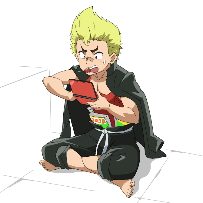 00s, 1boy, bad_id, bad_pixiv_id, barefoot, beyblade, beyblade:_burst, blonde_hair, candy, handheld_game_console, kiyama_rantaro, lollipop, male_focus, muscle, nintendo_ds, shota, solo, sweat, tagme