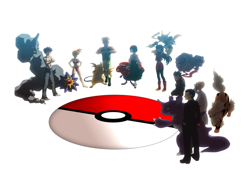 3girls, 5boys, 90s, alakazam, arcanine, bald, bikini, black_hair