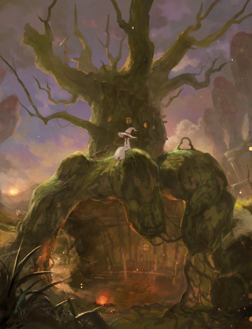 1girl, fantasy, fire, lack, lalalalack, solo, tree, witch