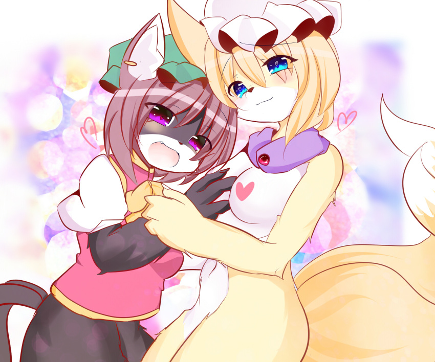 2girls, animalization, blonde_hair, blue_eyes, brown_hair, cat, censored, chen, fox, furry, heart, heart_censor, konbukonnukko, long_hair, multiple_girls, nipple_censor, nude, open_mouth, short_hair, touhou, violet_eyes, yakumo_ran