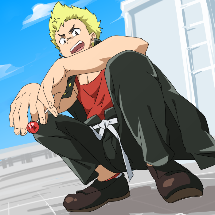 00s, 1boy, artist_request, beyblade, beyblade:_burst, blonde_hair, candy, kiyama_rantaro, lollipop, looking_at_viewer, male_focus, muscle, school, school_uniform, shota, smile, solo, student, tagme, teeth