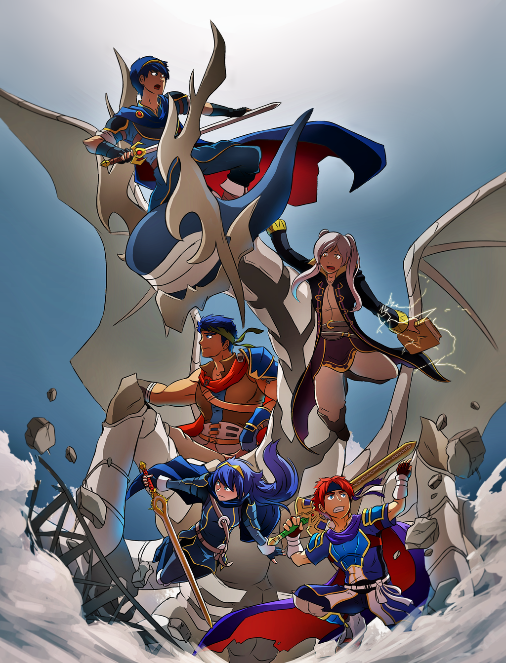 2girls, 3boys, alternate_form, destruction, dragon, fire_emblem, fire_emblem:_akatsuki_no_megami, fire_emblem:_fuuin_no_tsurugi