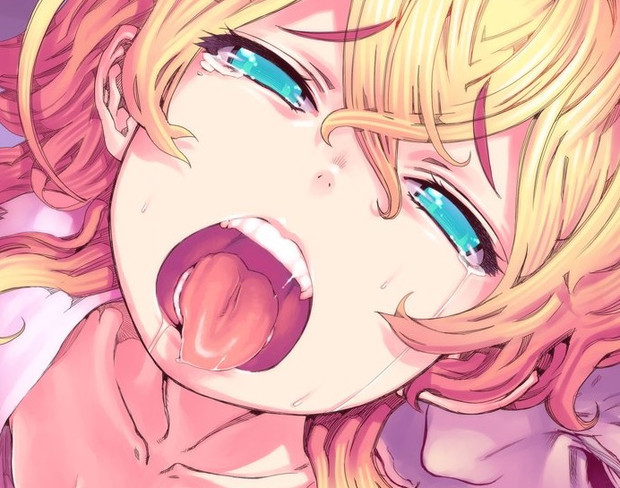 1girl, blonde_hair, blue_eyes, collarbone, drooling, eyebrows_visible_through_hair, female, honzawa_yuuichirou, open_mouth, solo, tears, teeth, tongue, tongue_out