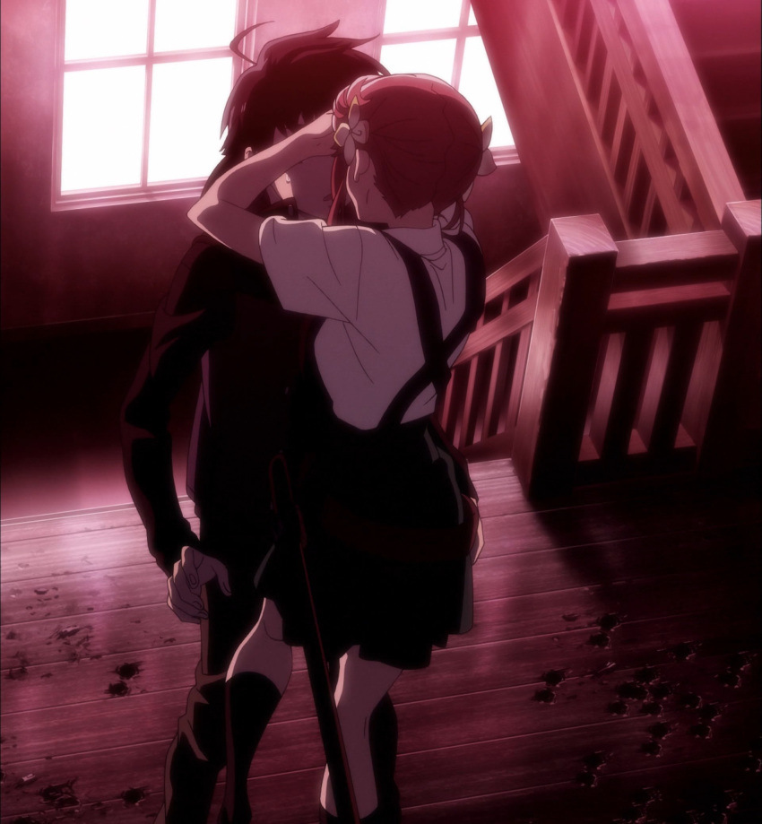 1boy, 1girl, big_order, highres, indoors, kurenai_rin, school_uniform, screencap