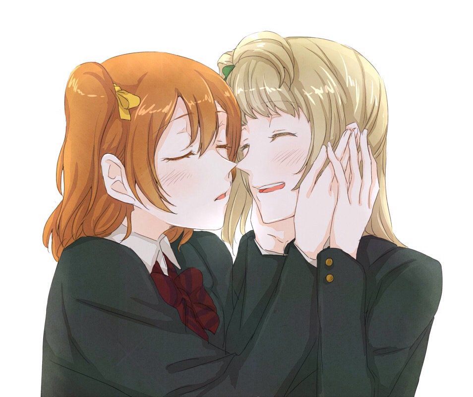 2girls, blush, brown_hair, closed_eyes, hand_on_another's_hand, hands_on_another's_cheeks, hands_on_another's_face, kiss, kousaka_honoka, long_hair, love_live!_school_idol_project, manasseh, minami_kotori, multiple_girls, orange_hair, school_uniform, short_hair, side_ponytail, smile, yuri