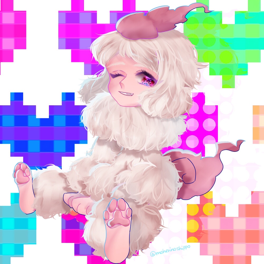 1boy, animal_ears, artist_name, dog_ears, heart, ikemenken, moherinoshippo, one_eye_closed, pink_eyes, sitting, solo, tail, white_hair, youkai, youkai_watch