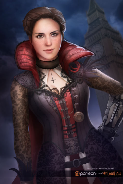 1girl, assassin's_creed, assassin's_creed_(series), belt, brown_hair, cape, clock, clock_tower