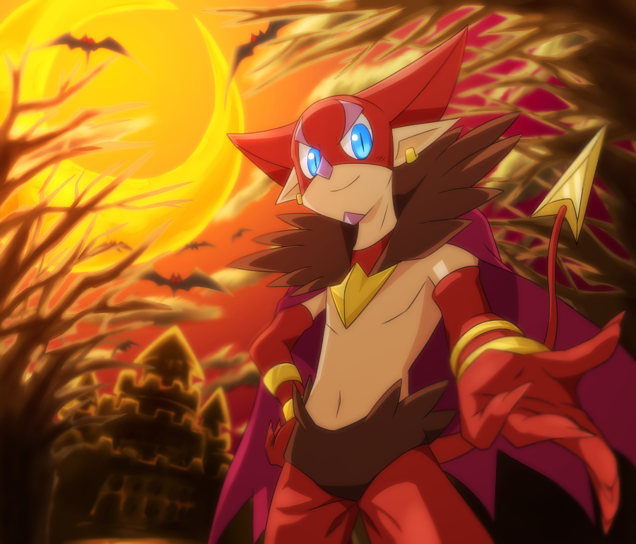 1boy, bat, beard, blue_eyes, cape, demon_tail, devibiran, earrings