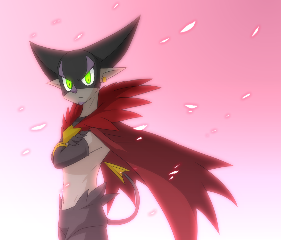 1boy, beard, cape, demon_tail, earrings, facial_hair, gloves, green_eyes