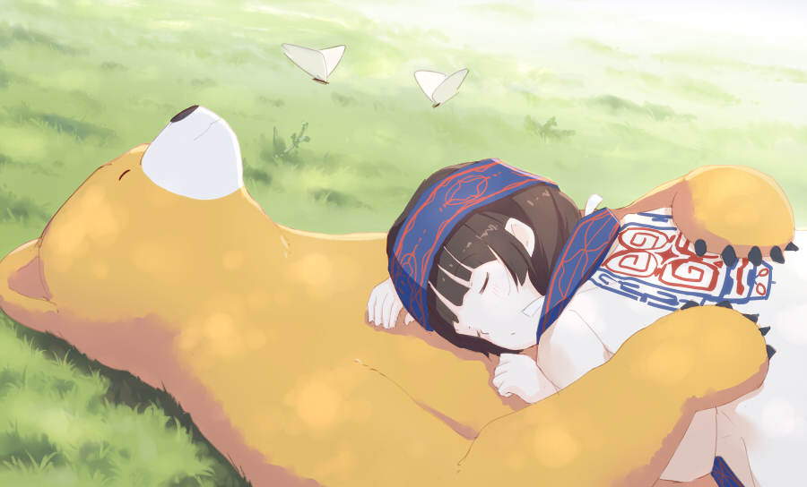 1girl, amayadori_machi, bear, brown_hair, closed_eyes, kumamiko, lying, natsu_(kumamiko)