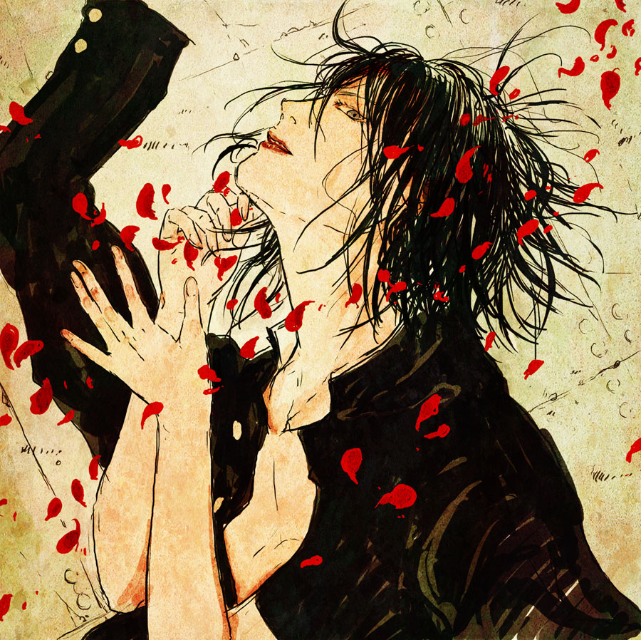 1boy, androgynous, black_hair, buttons, eyelashes, gakuran, grey_eyes, jacket