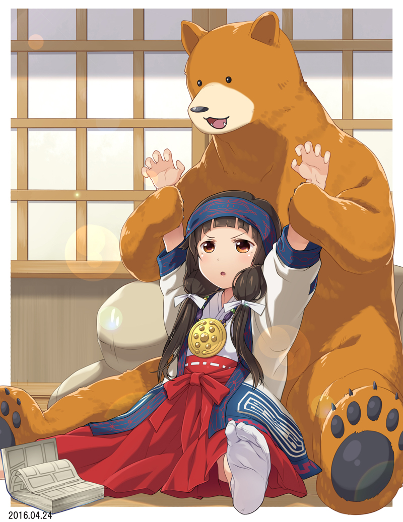1girl, 92kuni92, amayadori_machi, bear, feet, japanese_clothes, kumamiko, natsu_(kumamiko), no_shoes, sitting, socks