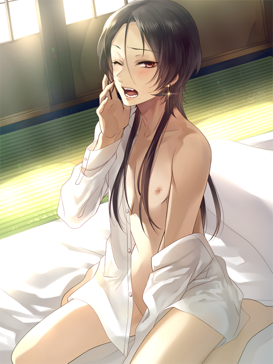 1boy, androgynous, bare_legs, beauty_mark, black_hair, blush, earrings, indoors