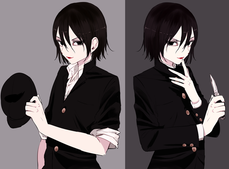2boys, androgynous, black_eyes, black_hair, buttons, eyelashes, finger_to_mouth, gakuran, hat, jaibo_(litchi_hikari_club), kinfe, litchi_hikari_club, looking_at_viewer, male_focus, maruino, multiple_boys, multiple_persona, school_uniform, simple_background, smile, solo, uniform, upper_body