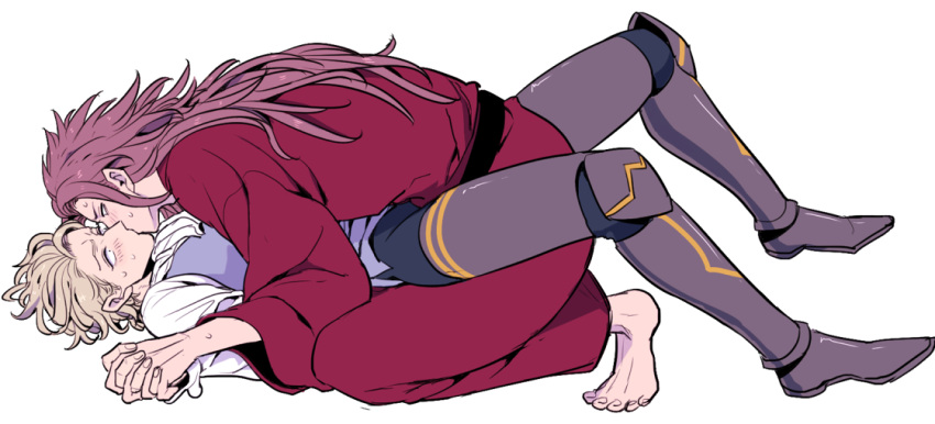 2boys, blonde_hair, blush, fire_emblem, fire_emblem_if, interlocked_fingers, kiss, lying