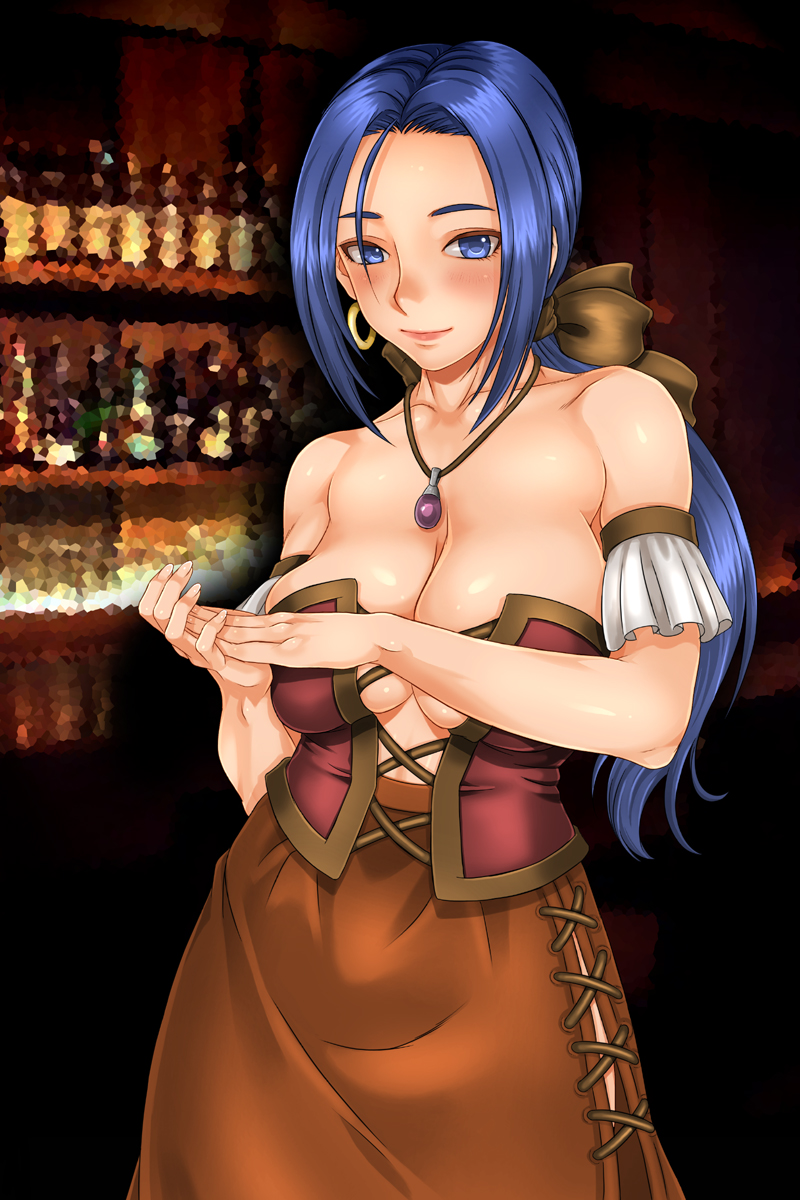 1girl, bare_shoulders, blue_eyes, blue_hair, blush, bow, breasts, cleavage