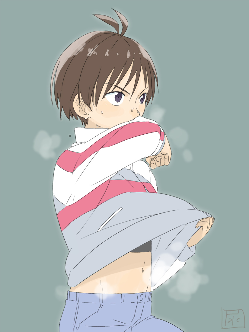 1girl, female, idolmaster, jacket, jacket_lift, kikuchi_makoto, midriff, navel