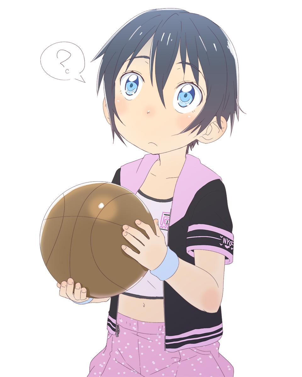 1girl, basketball, black_hair, blue_eyes, child, eyebrows_visible_through_hair, female, hood