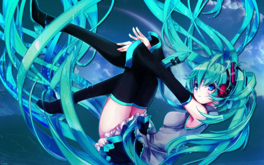 1girl, aqua_eyes, aqua_hair, blue_eyes, detached_sleeves, female, frill, hatsune_miku, headphones, long_hair, looking_at_viewer, minishirt, skirt, solo, thigh-highs, twintails, vocaloid, yuuki_kira, zettai_ryouiki