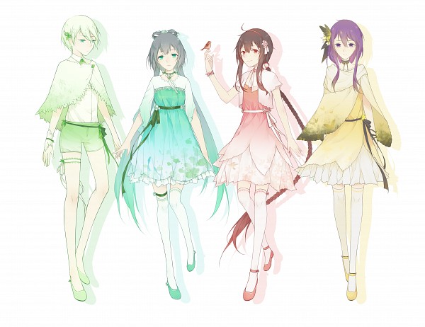 4girls, alternate_costume, alternate_hairstyle, animal_on_hand, aqua_eyes, artist_request, asymmetrical_armwear, background