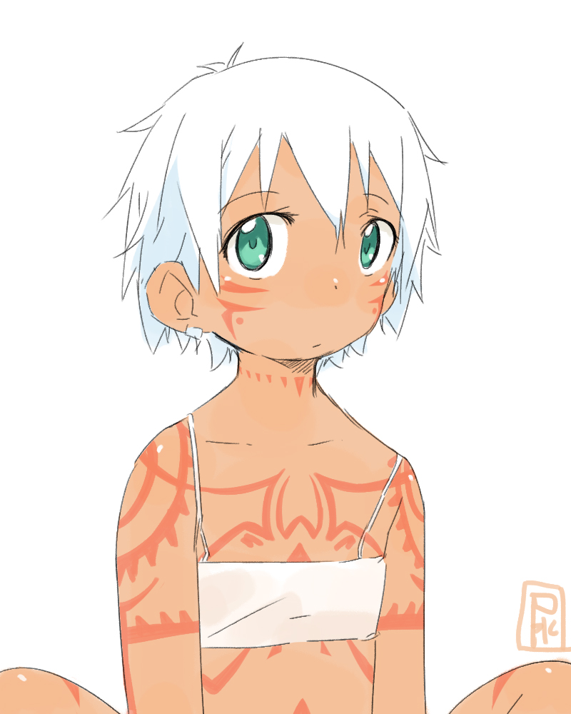 1girl, aqua_eyes, borrowed_character, dark_skin, earrings, facial_tattoo, female, flat_chest