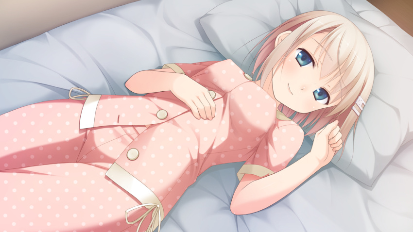 1girl, bed, blonde_hair, blue_eyes, erect_nipples, female, fujisaki_shizuka, game_cg