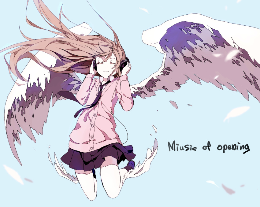 1girl, ^_^, closed_eyes, female, headphones, long_hair, necktie, pink_hair